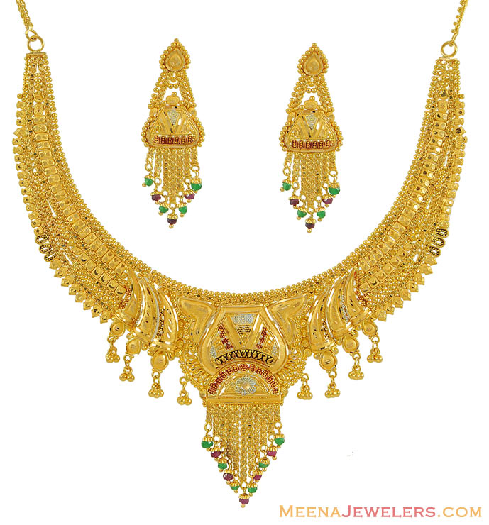 Gold Necklace Pendants on Indian Necklace And Earrings Set   Stgo8021   22k Gold Necklace And