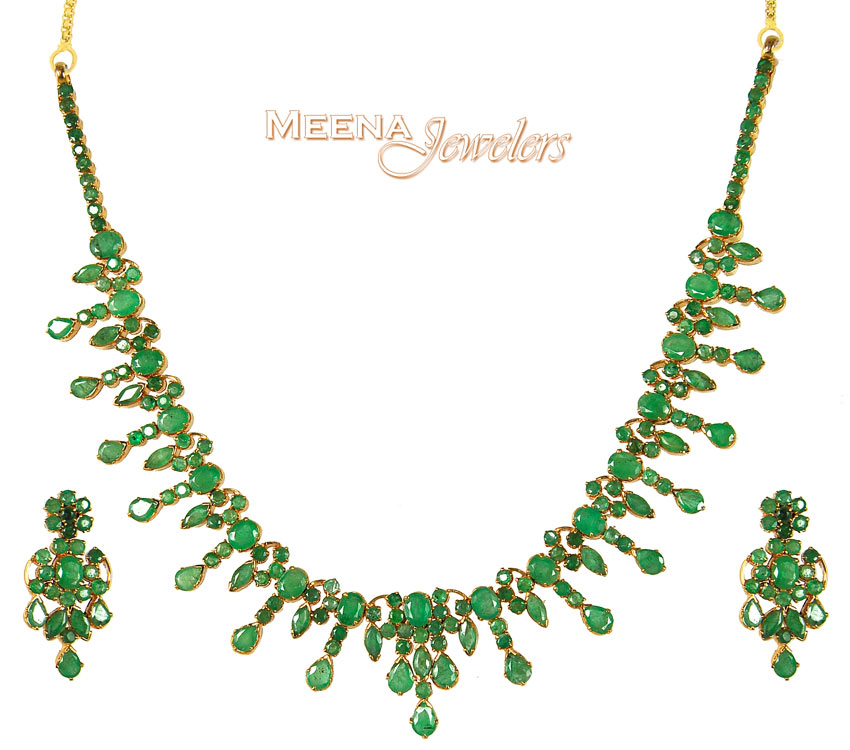 Emerald Earrings on Gold Emerald Necklace And Earrings   Psem2665   22kt Gold Emerald