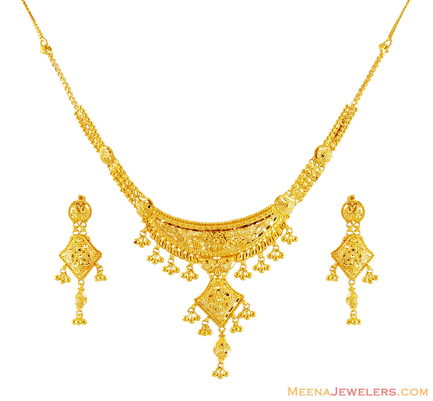 Traditional Gold Necklace Set StGo15806 22k Gold Necklace Earring