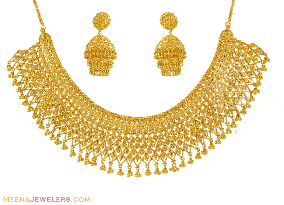 22k Gold Bridal Necklace Set Stbr6998 22k Gold Bridal Necklace And Earring Set With 9704