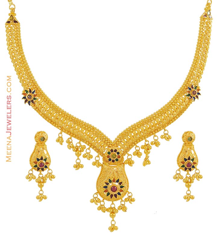 K Meenakari Necklace Set Stgd Kt Gold Necklace And Earrings