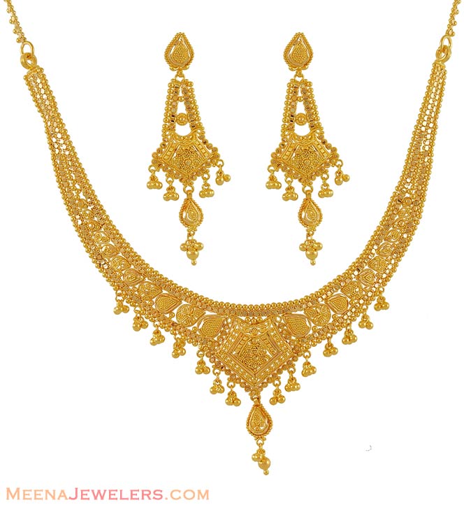 Indian Filigree Necklace Set (22k Gold) - Stls6302 - 22k Gold Indian 