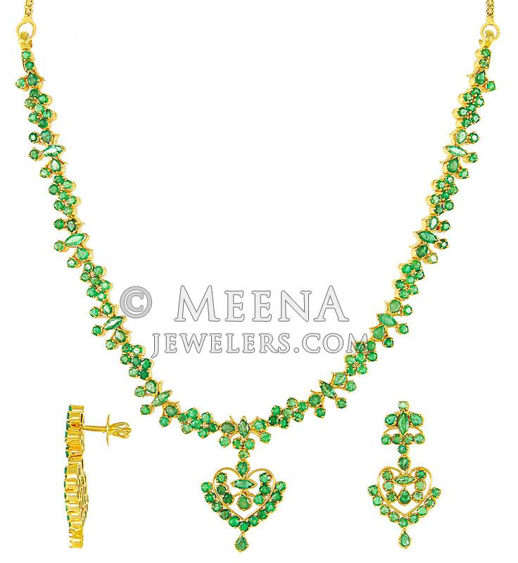 22k Emerald Necklace Set PsEm2753 22kt Gold Necklace and Earring