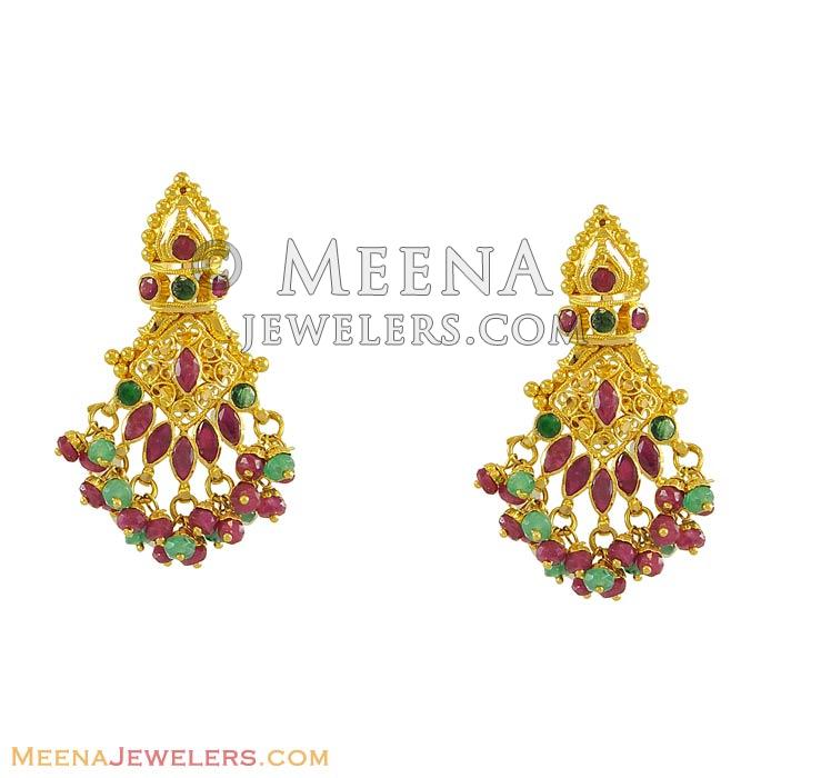 Indian Gold Earrings with Precious Stones - ErGt7980 - 22k Gold Indian ...