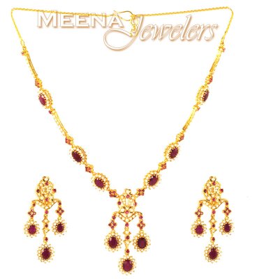 22 Kt Gold Ruby and Pearl Set ( Combination Necklace Set )