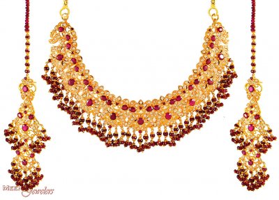 Gold Set with Ruby and Pearls ( Combination Necklace Set )
