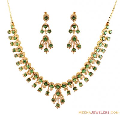 18Kt Emerald Diamond Necklace Set ( Diamond Necklace Sets )