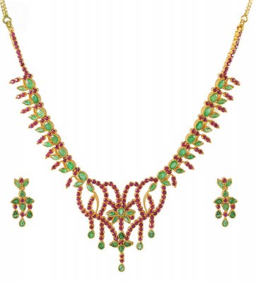 22K Emerald, Ruby Necklace Set ( Combination Necklace Set )