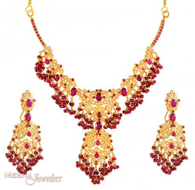 22Kt Set with Ruby and Pearls ( Combination Necklace Set )