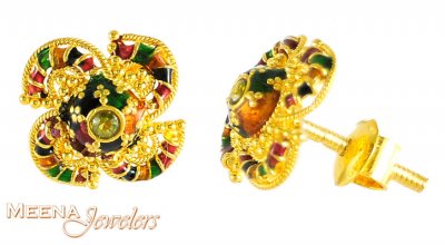 Gold Earrings with CZ and Meenakari ( 22 Kt Gold Tops )