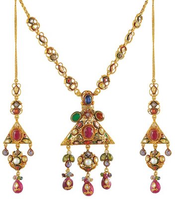 22Kt Antique Necklace and Earrings Set ( Antique Necklace Sets )