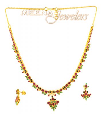 22Kt Gold Ruby, Emerald and Sapphire Set ( Combination Necklace Set )