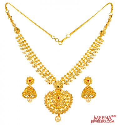 22 Kt Diamond Polki Chakri Set ( Diamond Necklace Sets )