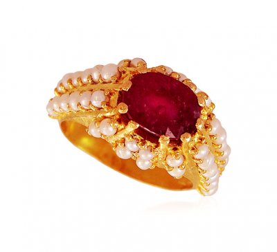 22k Gold Ruby And Pearl Ring ( Ladies Rings with Precious Stones )