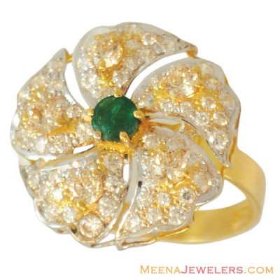 22k CZ ,Emerald Floral Ring ( Ladies Rings with Precious Stones )
