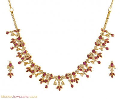 Indian Ruby and CZ Set (22K) ( Ruby Necklace Sets )
