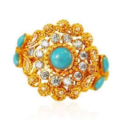 22KT Gold  Turquoise and CZ Ring ( Ladies Rings with Precious Stones )