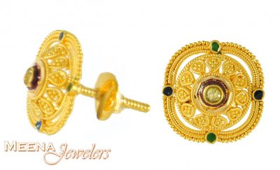 22K Gold Earrings with CZ and Meenakari ( 22 Kt Gold Tops )