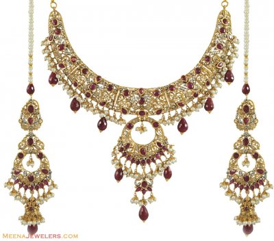 Antique Ruby, Pearls Necklace Set (22Kt) ( Gold Designer Sets )