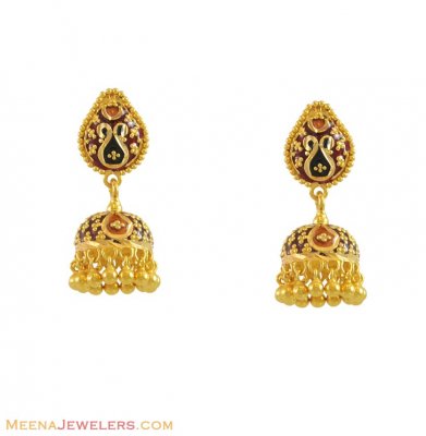 22K Meenakari Jhumki Earrings  ( 22Kt Gold Fancy Earrings )