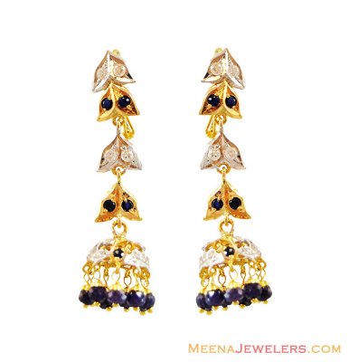 22K Sapphire Long Earrings  ( Precious Stone Earrings )