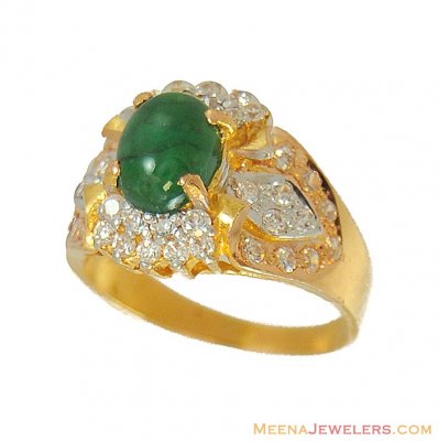 22Kt Ring with Emerald and cz ( Ladies Rings with Precious Stones )