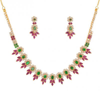 22Kt Gold Ruby ,Emerald and cz Set ( Combination Necklace Set )