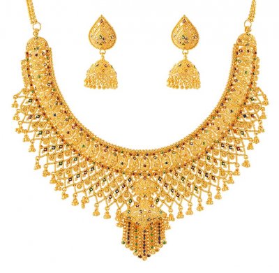Indian Bridal Jewelry Gold on 22kt Gold  Indian Bridal  Necklace And Earrings Set  Necklace Has A