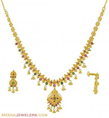22K Ruby And Emerald Set ( Combination Necklace Set )