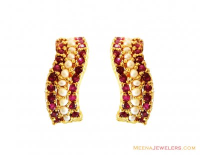 22K Ruby and Pearls Clip On Earring ( Precious Stone Earrings )