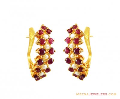 22K Gold Ruby Pearl Earrings ( Precious Stone Earrings )
