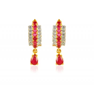 22kt Gold Ruby and CZ Earrings ( Precious Stone Earrings )