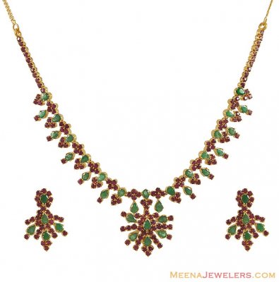 Ruby, Emerald Necklace Set (Gold) ( Combination Necklace Set )