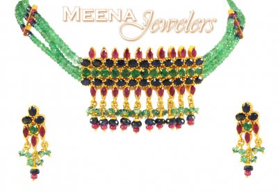 22Kt Gold Ruby , Emerald And Sapphire Necklace (Choker) ( Combination Necklace Set )