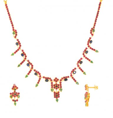 22Kt Gold Ruby, Emerald and Sapphire Set ( Combination Necklace Set )