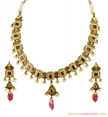 22K Kundan Antique Necklace Set ( Antique Necklace Sets )