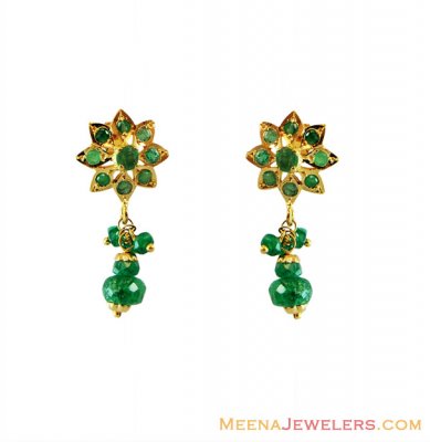 22K Fancy Emerald Earrings  ( Precious Stone Earrings )