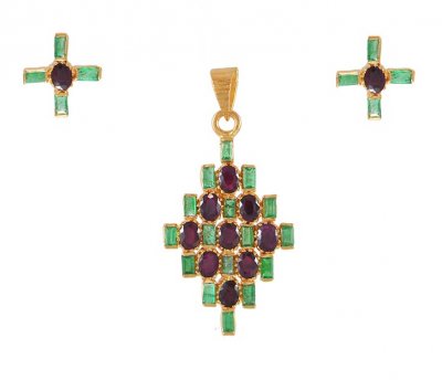 22 Kt Gold Ruby Emerald Pendant Set ( Precious Stone Pendant Sets )