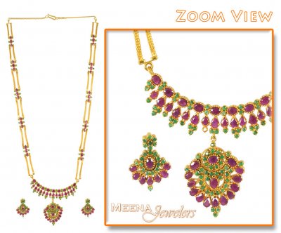22Kt Gold Long Ruby And Emerald Set ( Combination Necklace Set )