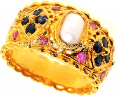Gold Ring with Pearl , Sapphire and Ruby ( Ladies Rings with Precious Stones )