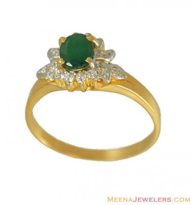 Emerald Ring with Cz (22K) ( Ladies Rings with Precious Stones )