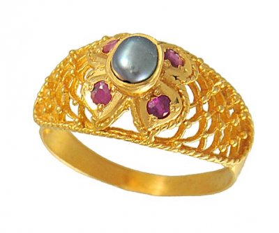 22Kt Gold Ring (Pearl, Ruby) ( Ladies Rings with Precious Stones )
