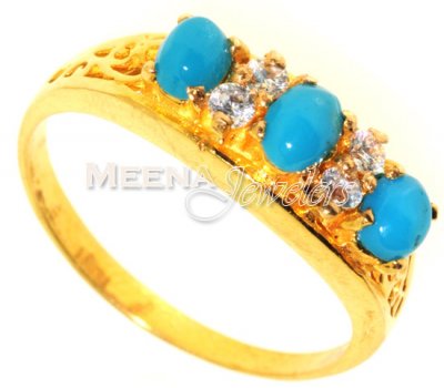 Gold Ring with Turquoise and CZ ( Ladies Rings with Precious Stones )