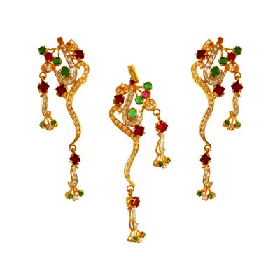 22KT Gold Ruby, Emerald Pendant Set ( Precious Stone Pendant Sets )