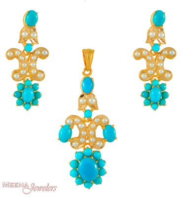 22Kt Gold Turquoise Pendant Set ( Precious Stone Pendant Sets )