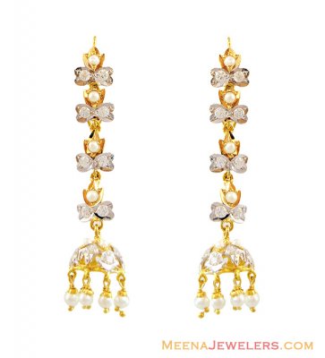 Gold Long Pearl CZ Earrings 22k  ( Long Earrings )