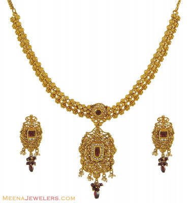 22Kt Gold Indian Necklace Set ( Antique Necklace Sets )