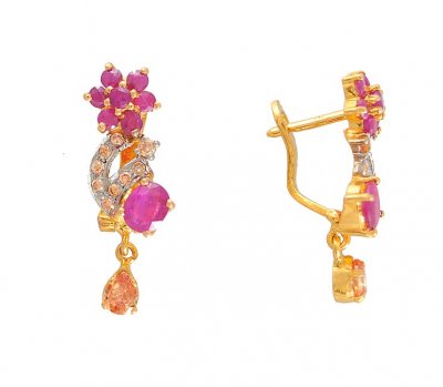 22K Gold Ruby and CZ Earrings ( Precious Stone Earrings )