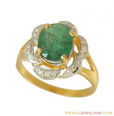 Gold Ring with Emerald and cz ( Ladies Rings with Precious Stones )