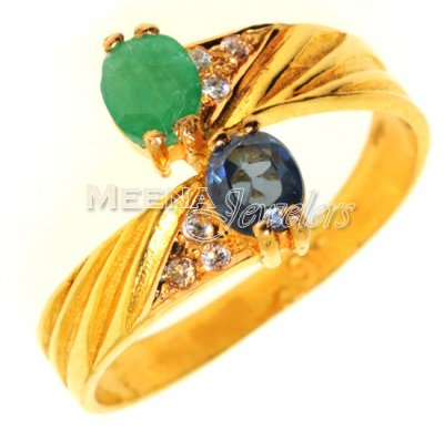 Gold Ring with Emerald, Sapphire and CZ ( Ladies Rings with Precious Stones )